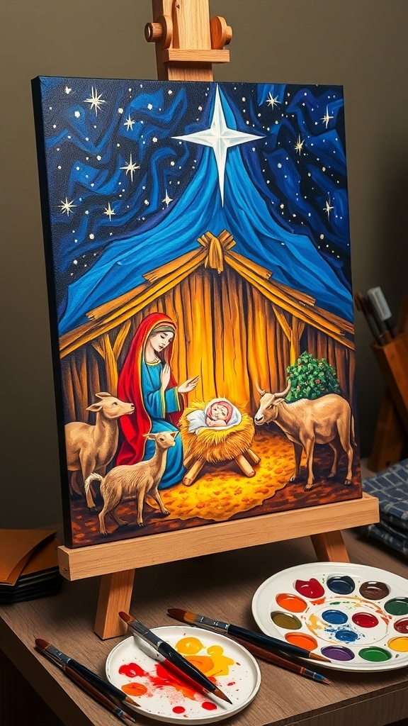 A colorful nativity scene painting on canvas, depicting Mary, Joseph, and baby Jesus in a stable.